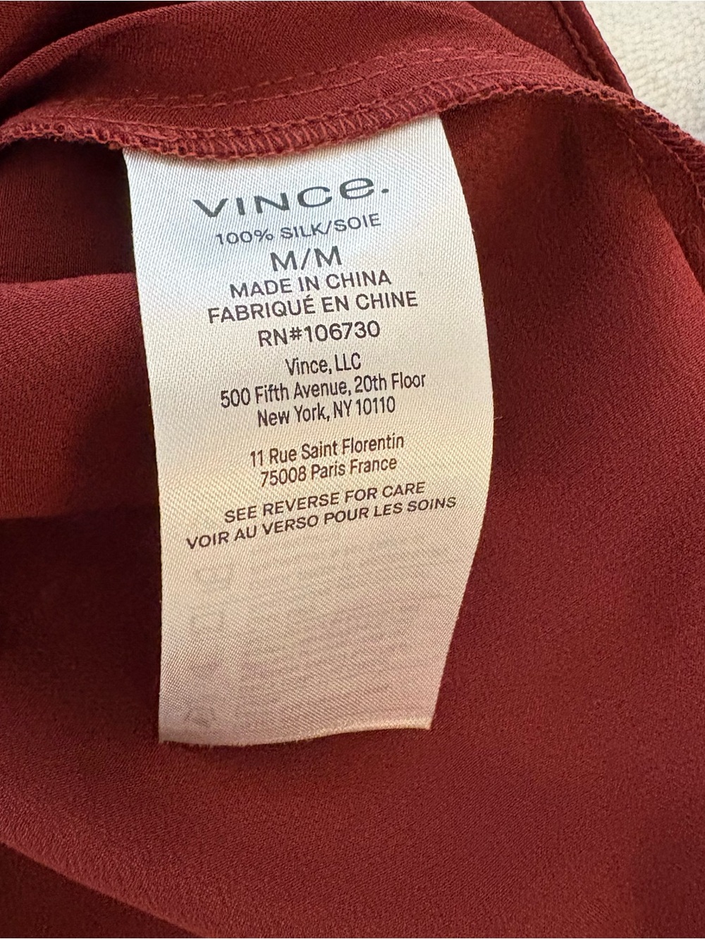 Vince 100% Silk Button-Front Blouse - Burgundy - Picture 3 of 3